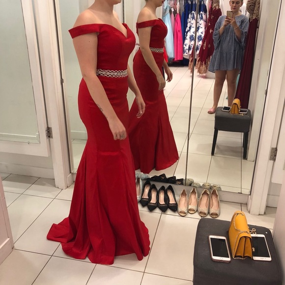 Red off the shoulder gown - Picture 6 of 13